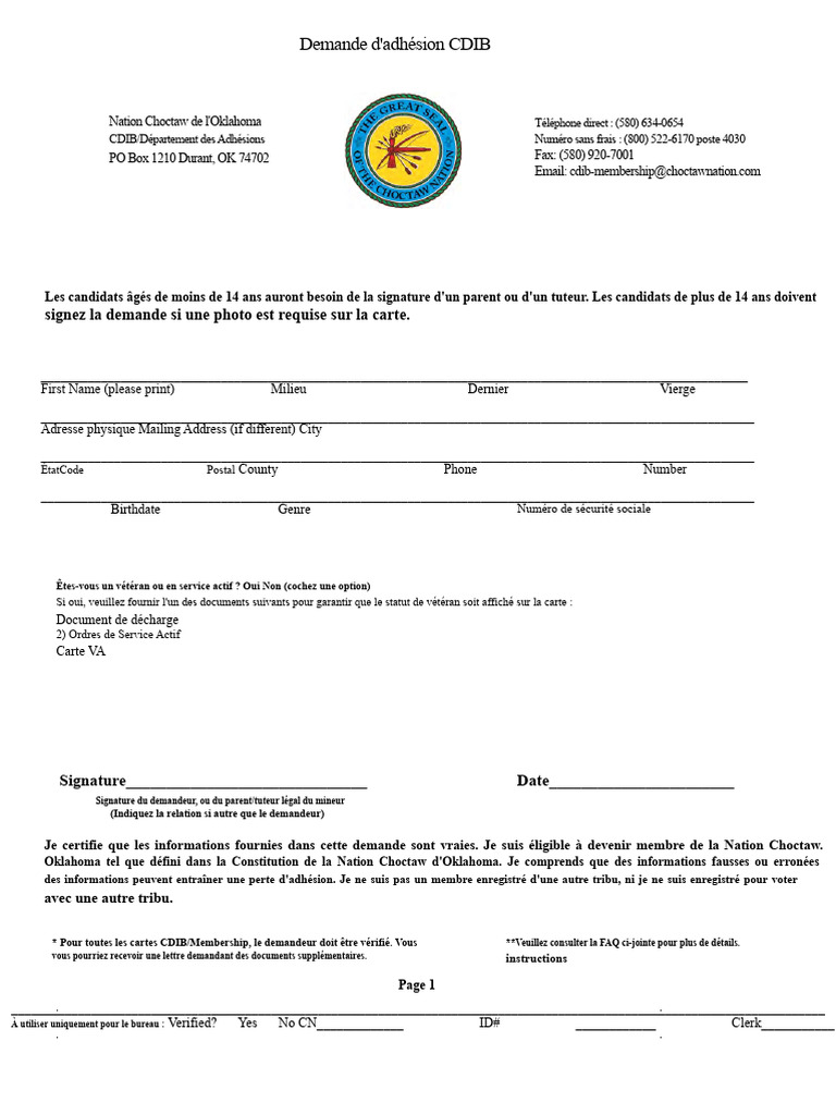 Demande d'adhésion CDIB Choctaw | PDF | Document d'identité ...
