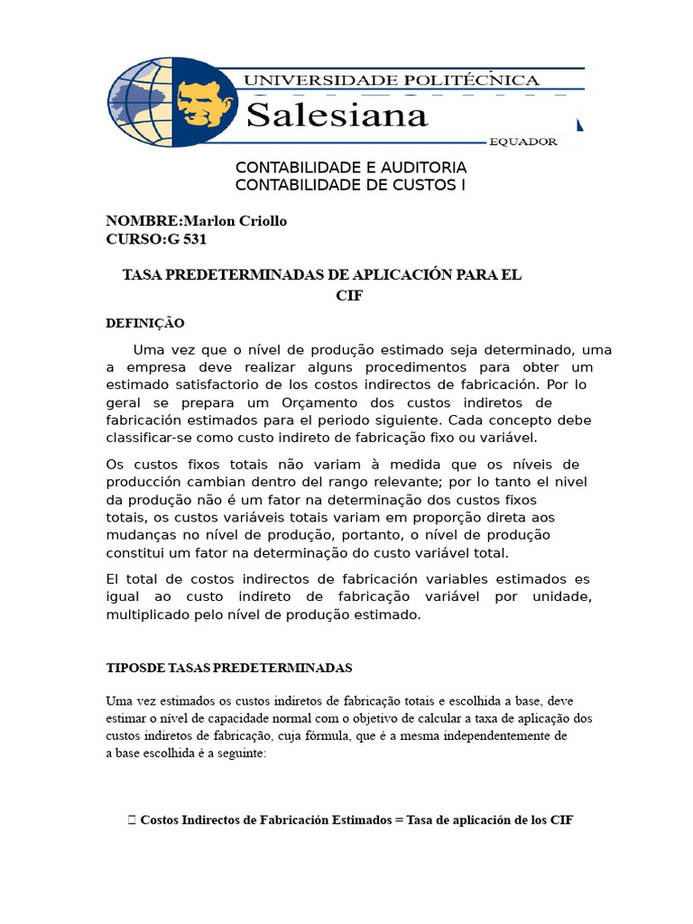 Taxas Predeterminadas de Aplicação Cif | PDF | Despesa | Produção e ...