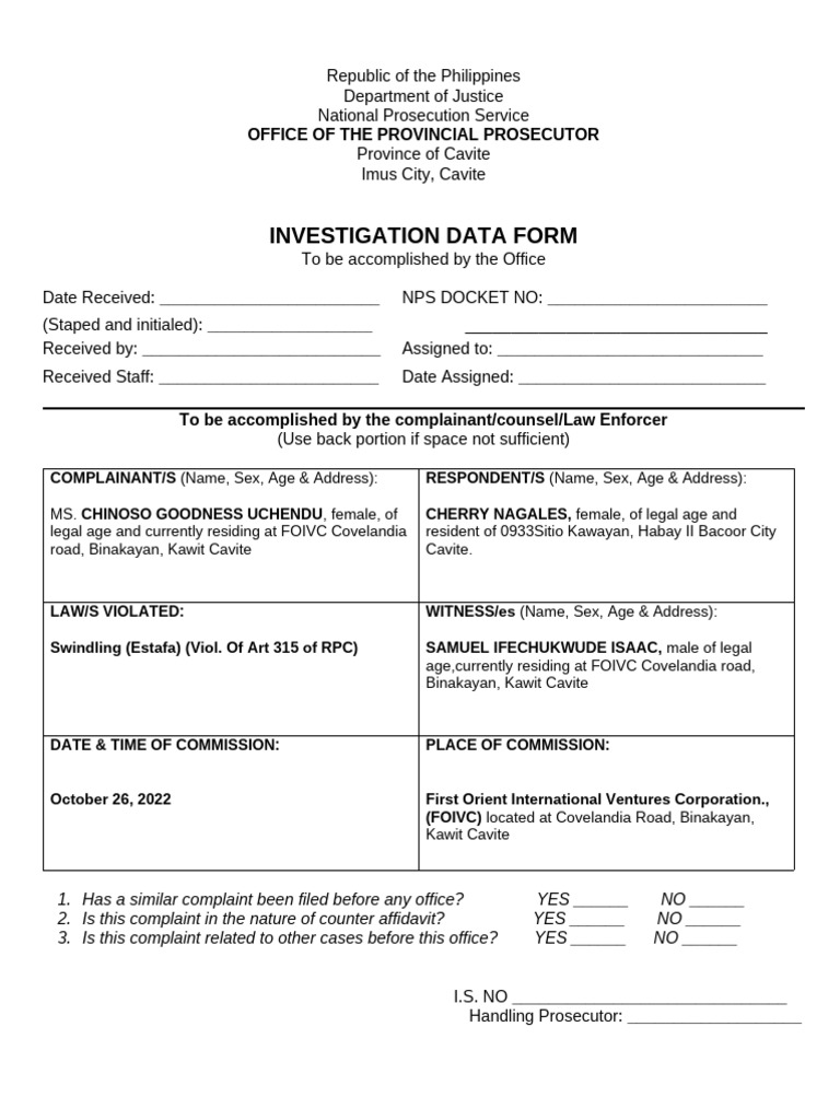Investigation Data Form GOODNESS | PDF | Public Law | Justice