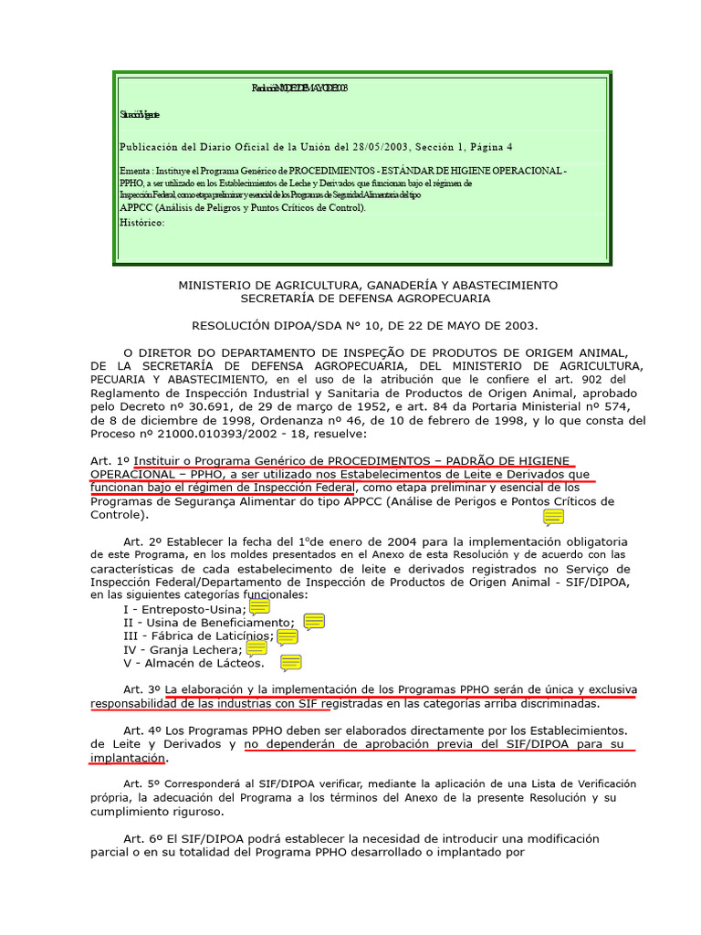 Programa PPHO para Establecimientos Lácteos | PDF | Política ...