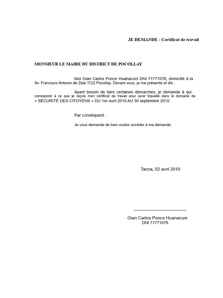 Demande de certificat de travail | PDF