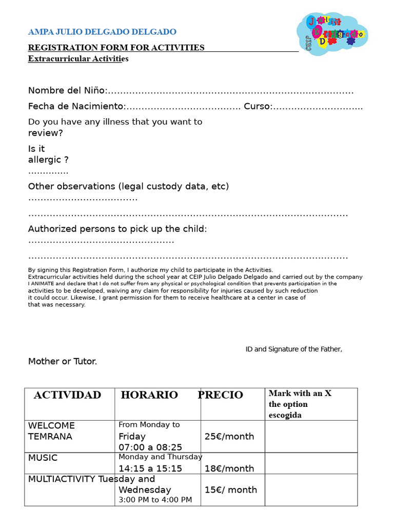 Extracurricular Activities Registration Form | PDF