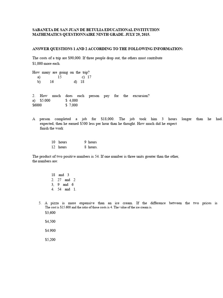 Ninth Grade Mathematics Questionnaire | PDF | Mathematics