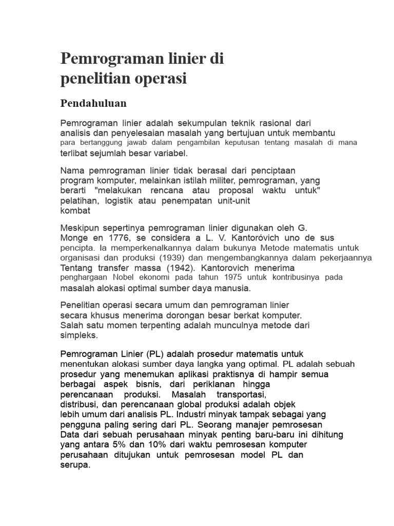 Pemrograman Linier dalam Penelitian Operasi | PDF