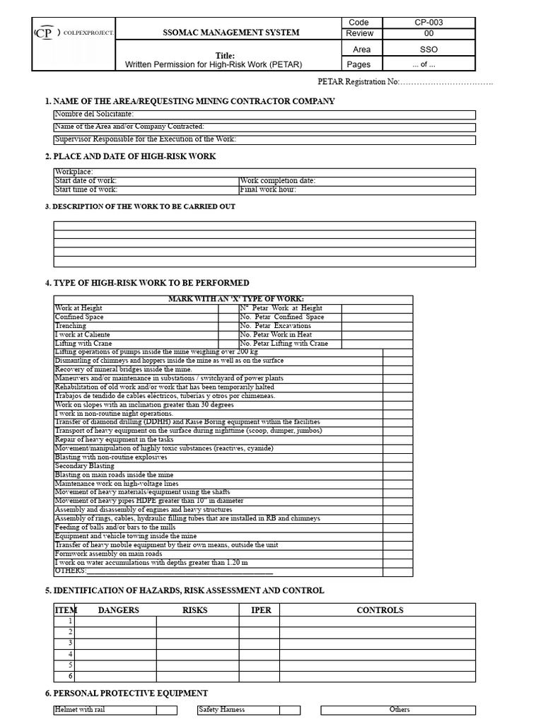 High-Risk Work Authorization Form | PDF | Mining | Safety