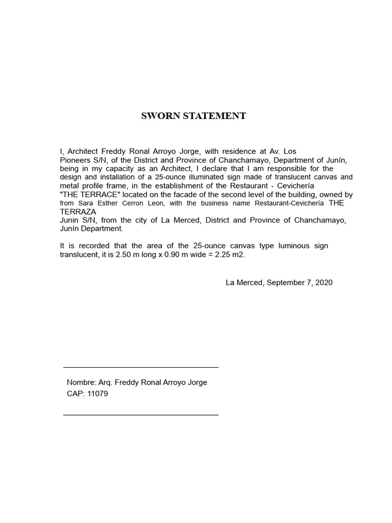 Sworn Statement for Restaurant Sign Design | PDF