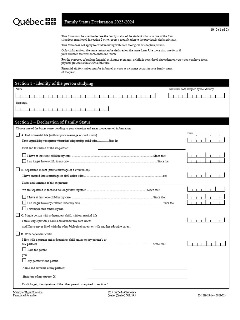 Family Status Declaration Form 2023-2024 | PDF | Marriage | Family