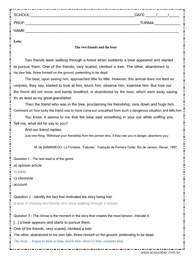 Interpretation of Text - The Two Friends and The Bear - 7th Grade ...