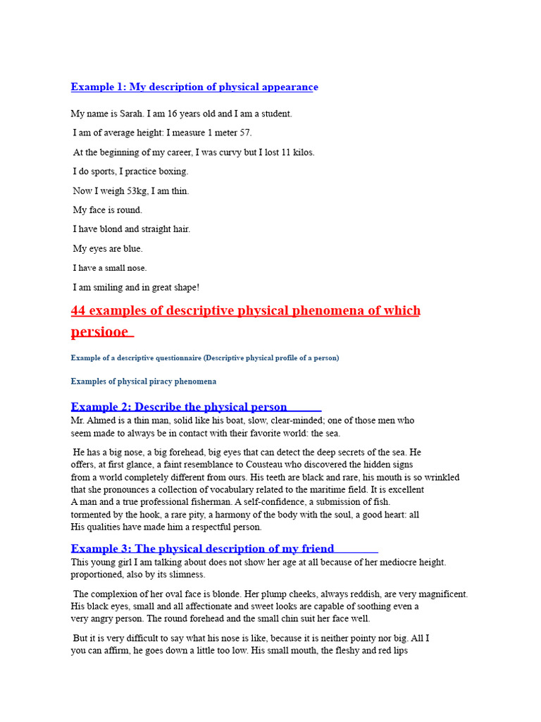 Descriptive Physical Profiles Examples | PDF | Face | Hair