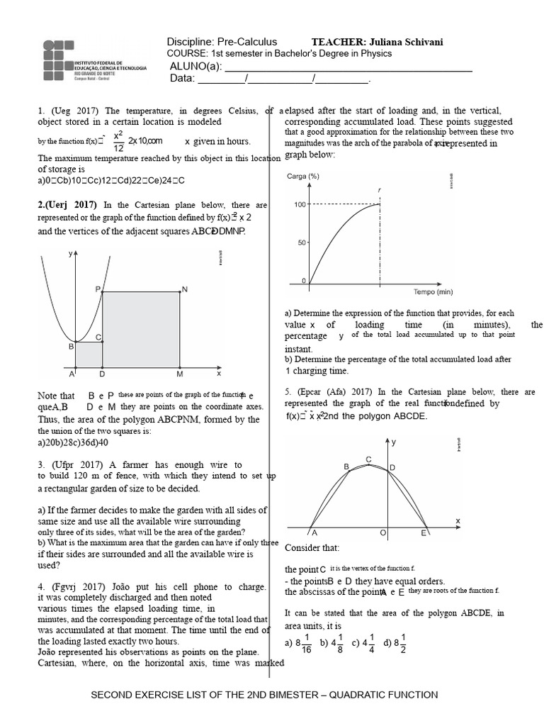 Pre-Calculus Quadratic Function Exercises | PDF | Body Mass Index ...
