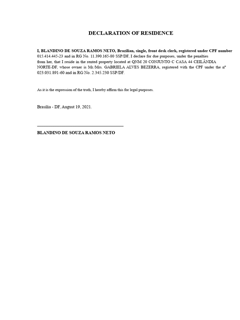 Declaration of Residence | PDF