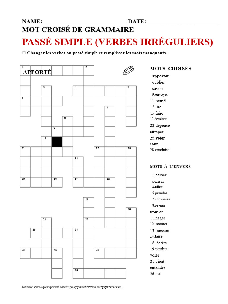 Grille de mots sur le passé simple | PDF | Linguistique