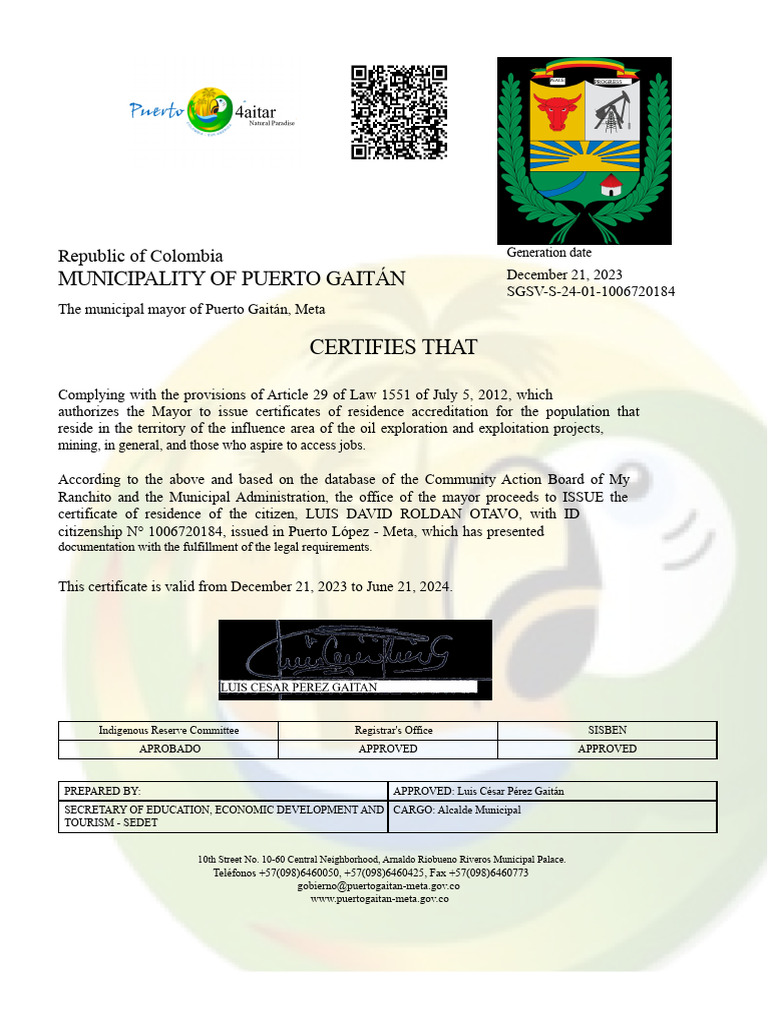 Certificate of Residence for Luis Roldan | PDF