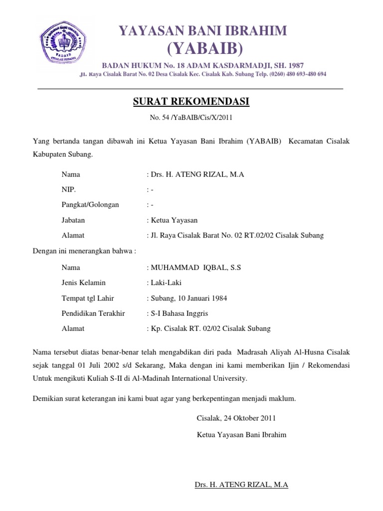 Contoh Surat Rekomendasi Beasiswa Dari Kepala Sekolah Dalam Bahasa