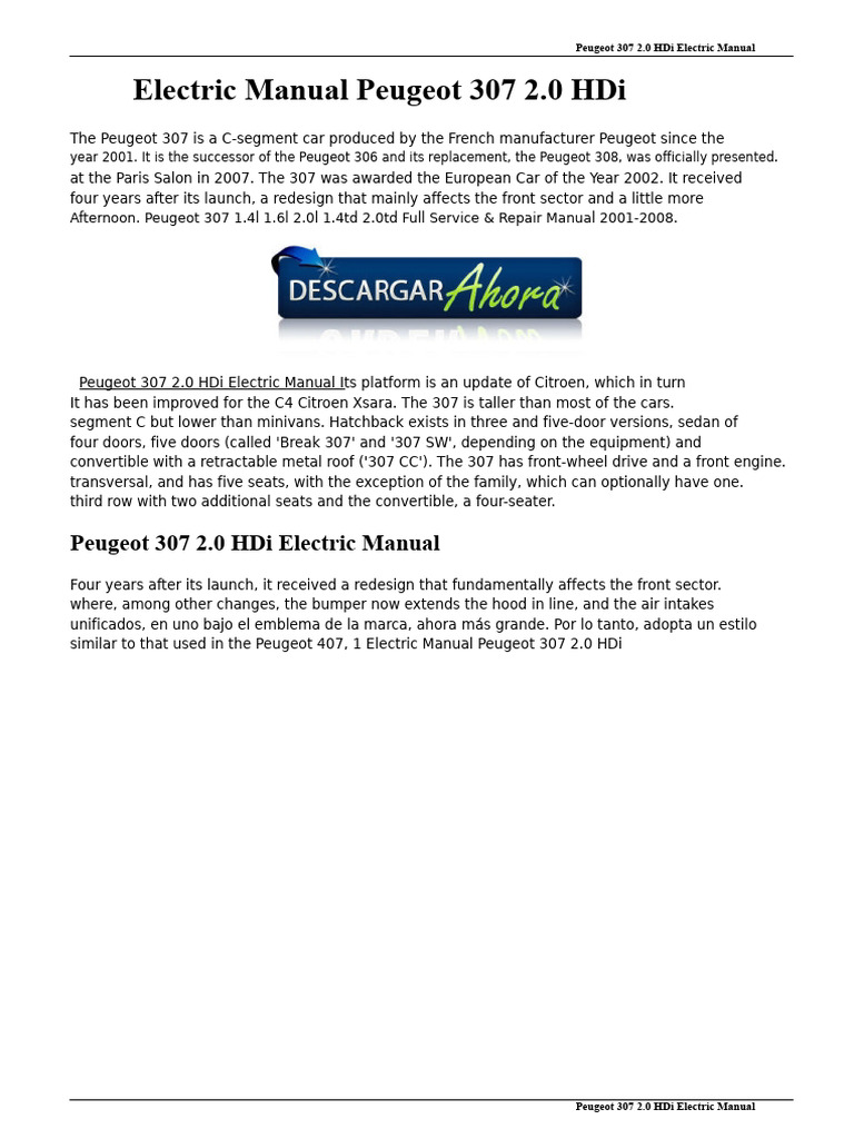 Peugeot 307 2.0 HDi Electric Manual | PDF