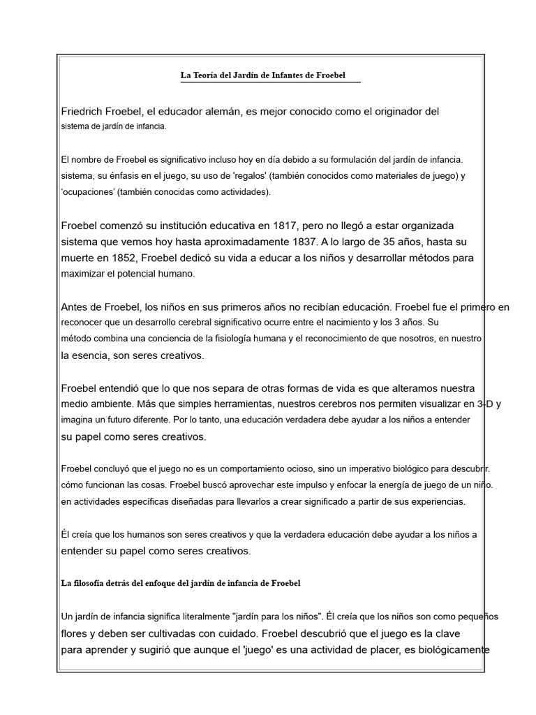 Teoría de Jardín de Infantes de Froebel | PDF | Educación de la primera ...