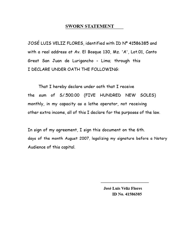 Sworn Statement of Income Declaration | PDF