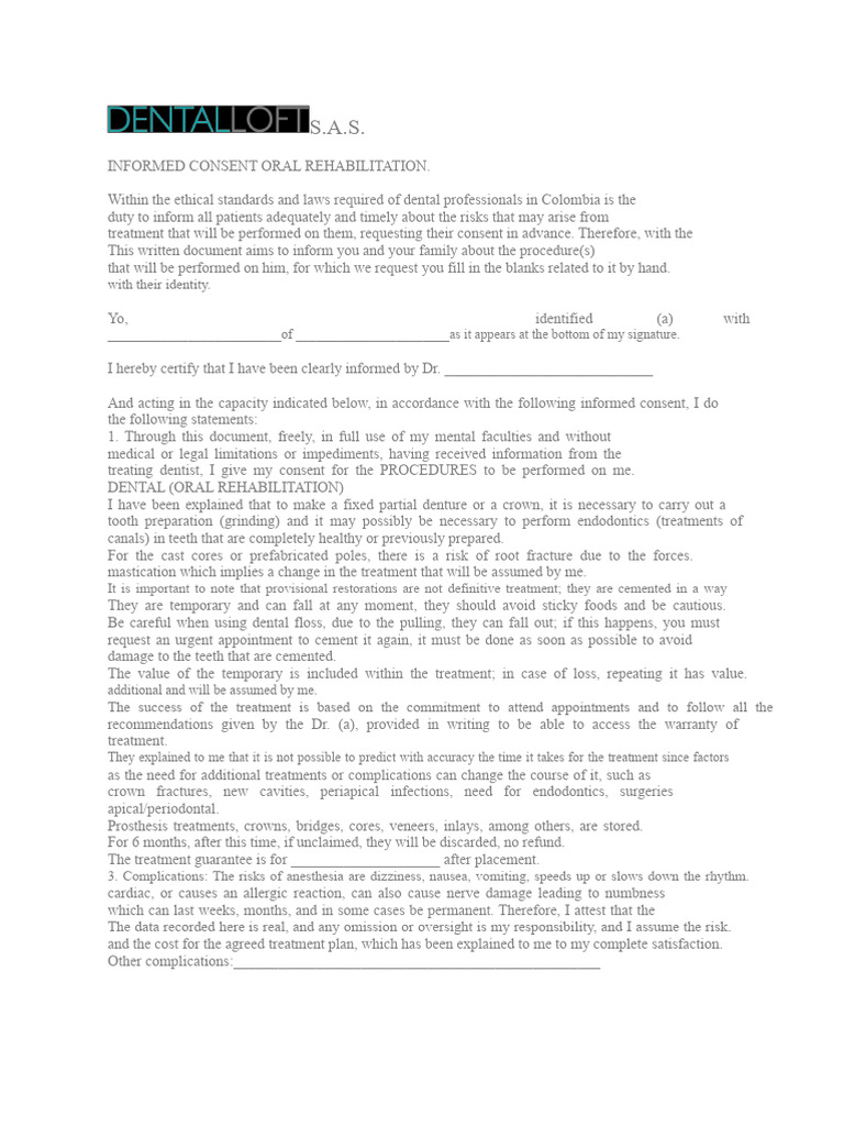 CONSENT for oral rehabilitation | PDF | Informed Consent | Dentistry