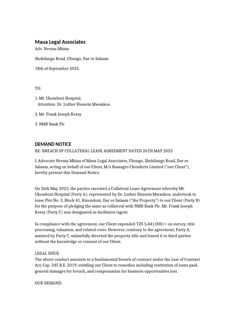 Demand Notice for Lease Agreement Breach | PDF