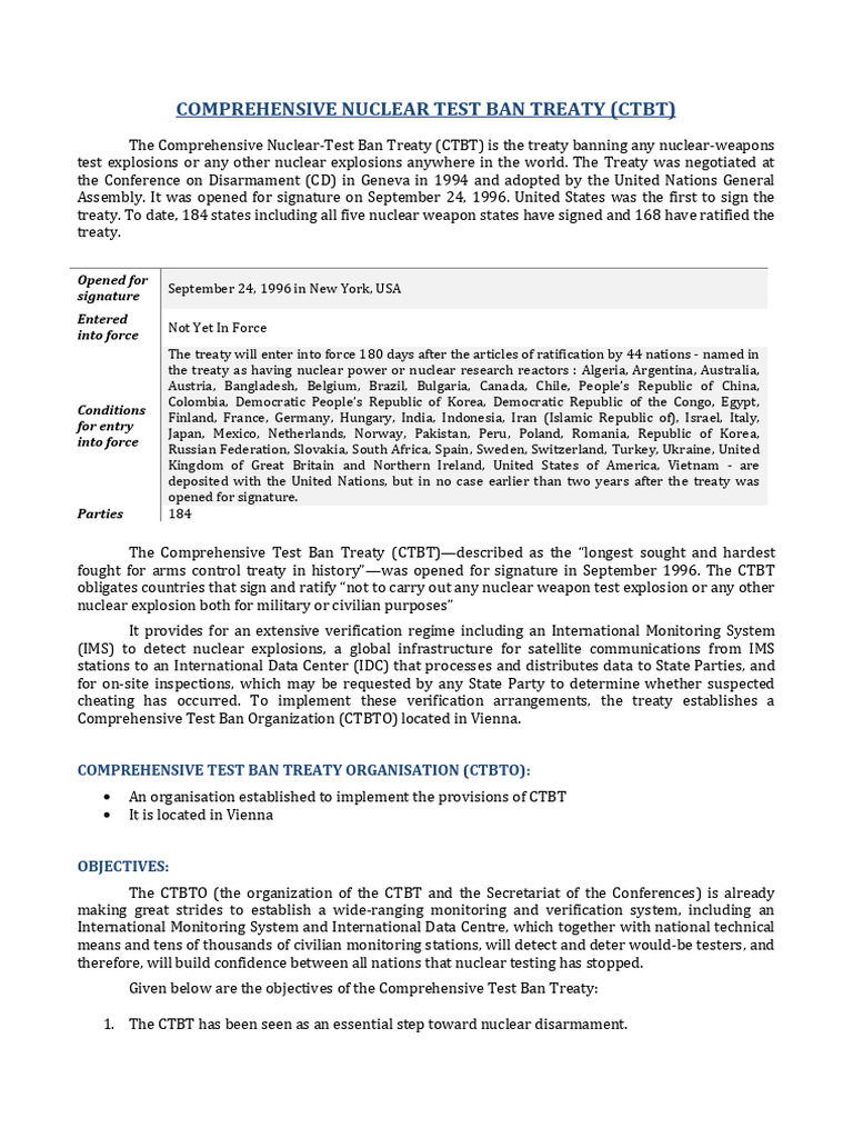 Comprehensive Nuclear Test Ban Treaty Overview | PDF | Nuclear ...