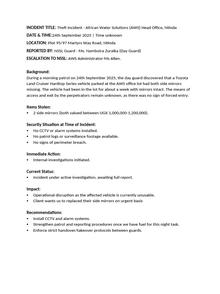 Theft Incident Report: AWS Office Vehicle | PDF