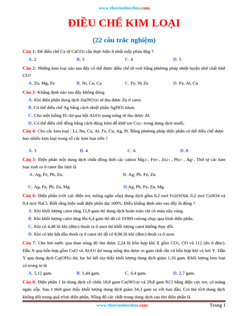 Trac Nghiem DIEU CHE KIM LOAI Co Dap An | PDF