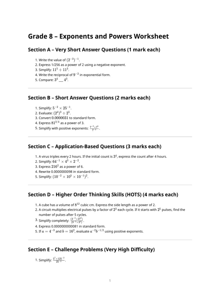Grade 8 Exponents and Powers Worksheet | PDF