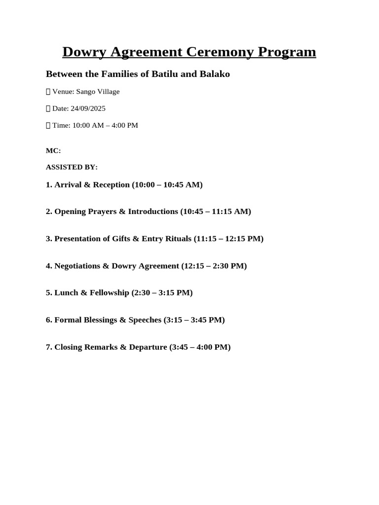 Dowry Ceremony Program: Batilu & Balako | PDF