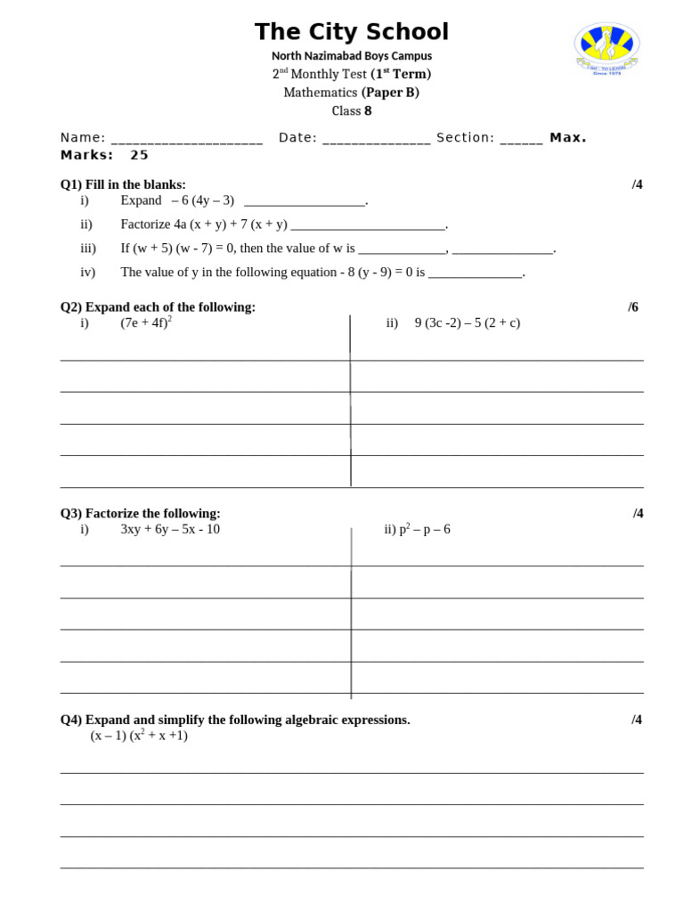 Class 8 Mathb 2nd Mthly Test 26102019 | PDF | Equations | Mathematics
