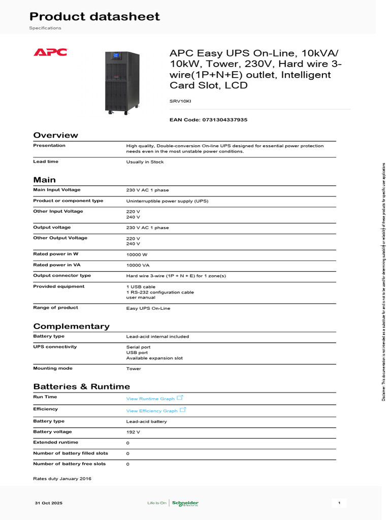 APC Easy UPS On-Line 10kVA 230V | PDF | Power Supply | Electrical ...