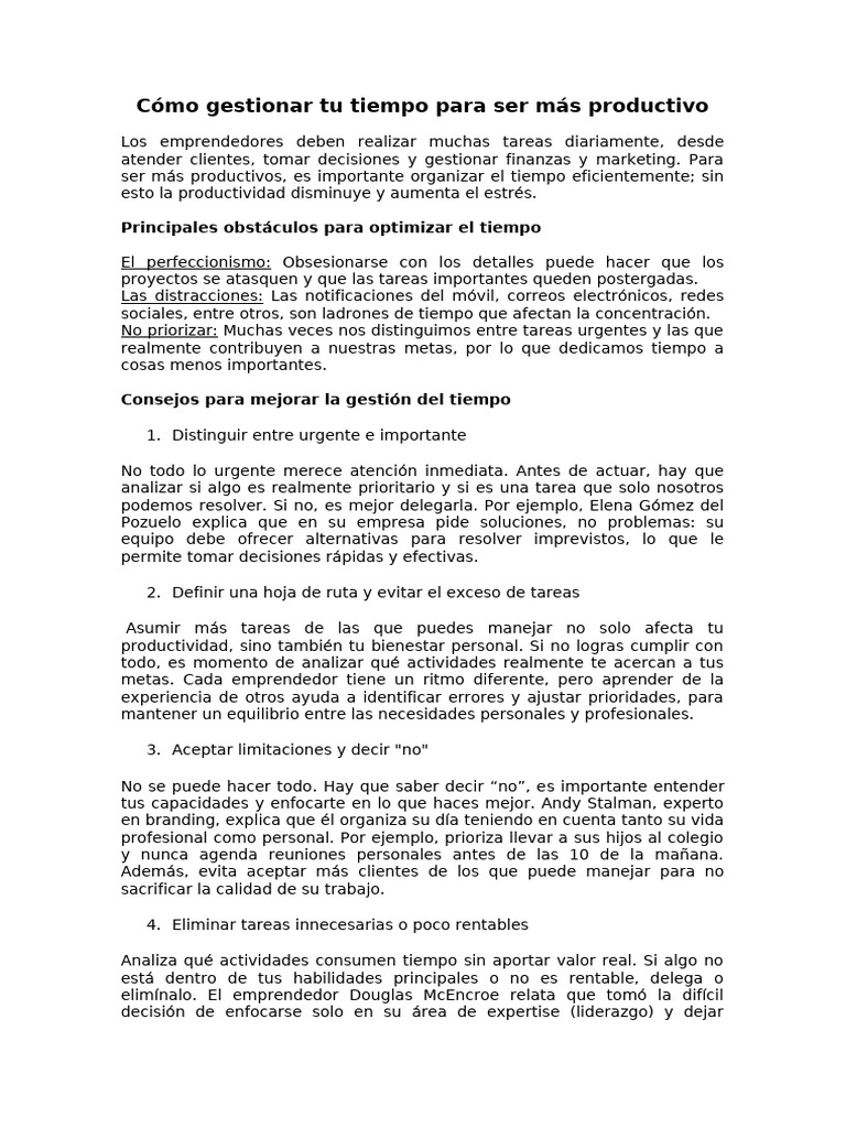 Mejora tu productividad gestionando el tiempo | PDF | Gestión del ...