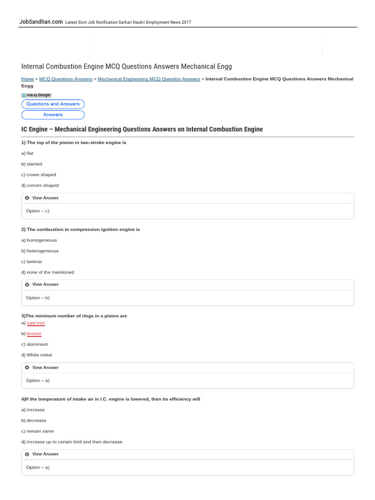 IC Engine MCQs for Mechanical Engineering | PDF | Internal Combustion ...