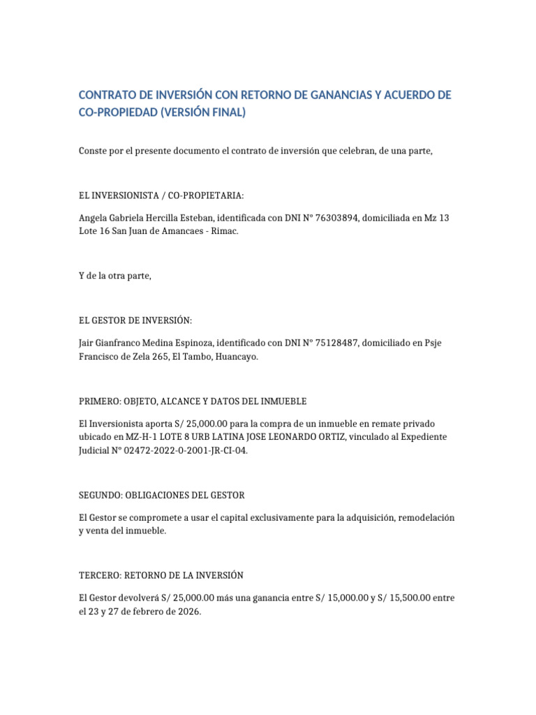 Contrato Inversion CoPropiedad | PDF