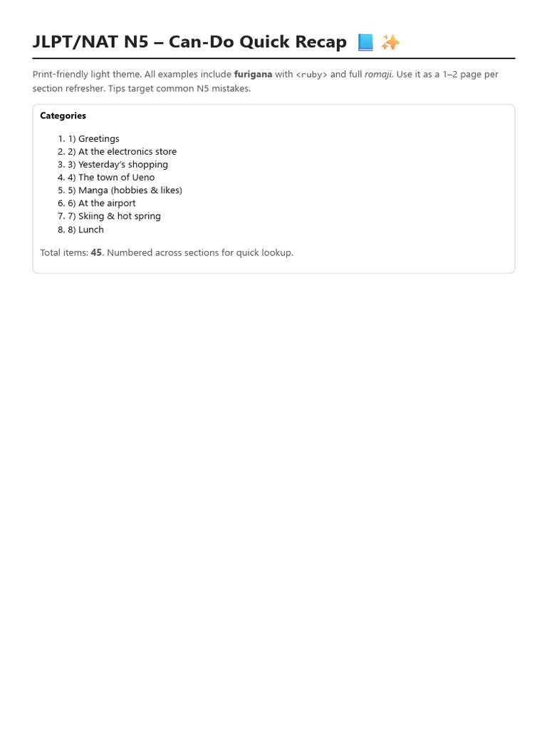 JLPT - NAT N5 - Can Do Quick Recap (Print A4) | PDF