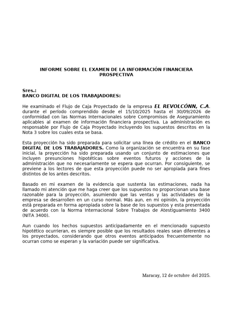Inf. Flujo de Caja Proyectado NF | PDF | Bancos | Economias