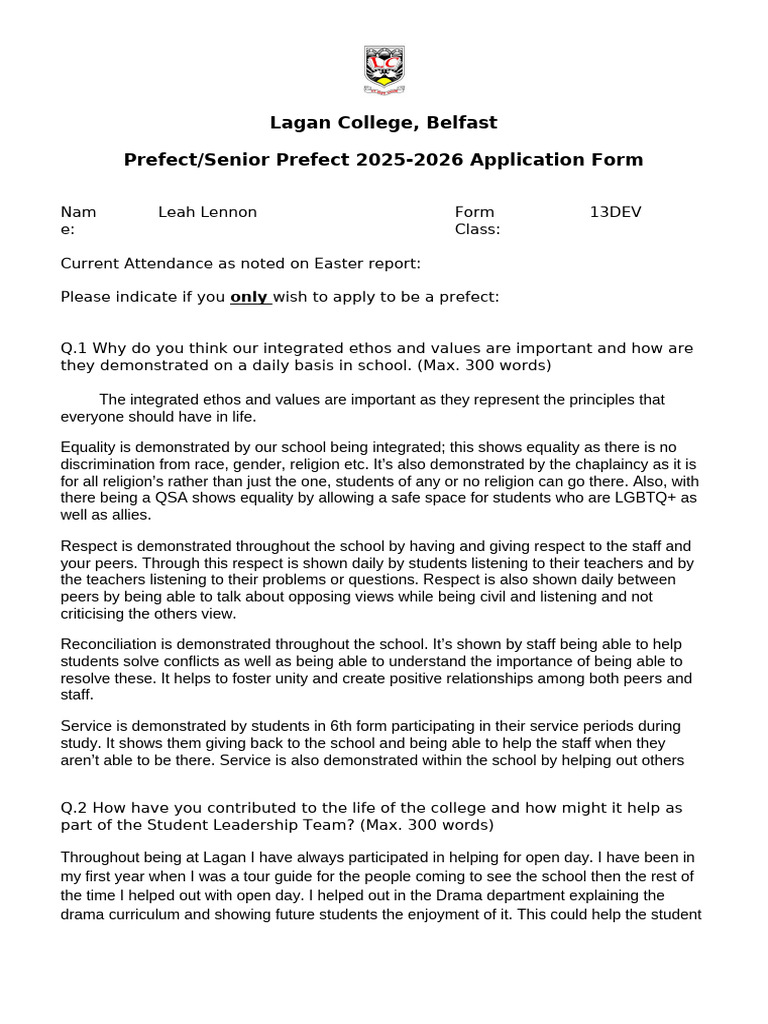 Lagan College Prefect Application 2025-2026 | PDF | Leadership | Learning