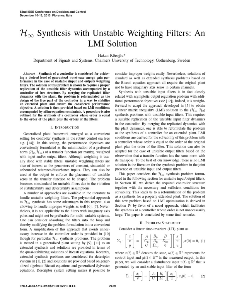 H Synthesis With Unstable Weighting Filters An LMI Solution | PDF ...