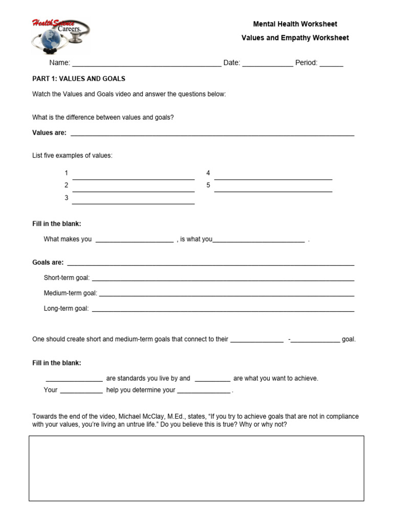 Mental Health Values and Empathy Worksheet | PDF | Empathy | Cognition