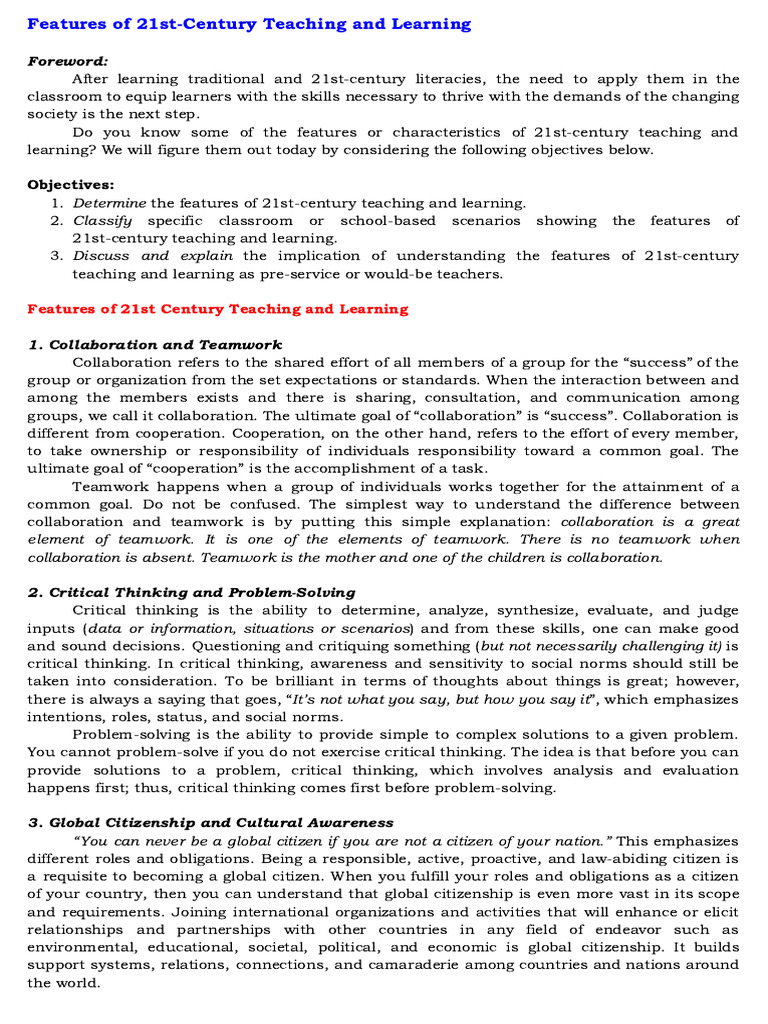 Features of 21st-Century Education | PDF | Learning | Critical Thinking