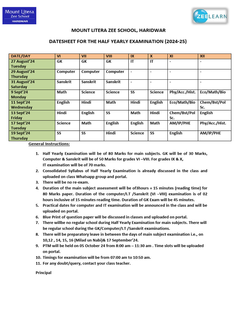 Half Yearly Eamination Datesheet Vi To Xii 2024 | PDF | Chess Openings ...