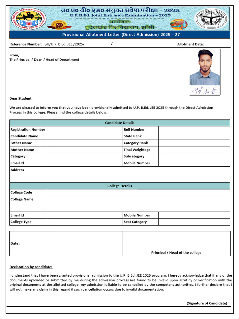 Provisional Admission Letter U.P. B.Ed. 2025 | PDF