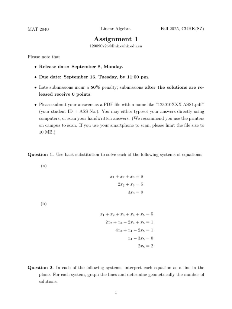 MAT 2040 Linear Algebra Assignment 1 | PDF | System Of Linear Equations ...