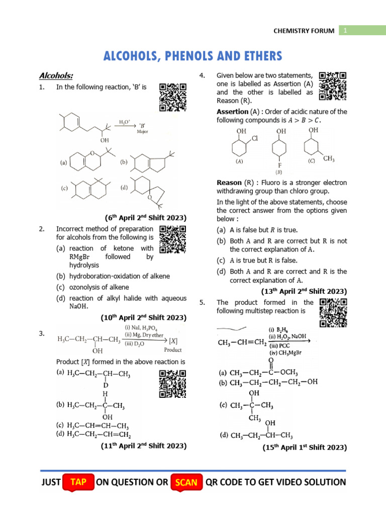 Alcohols and Phenols Chemistry Questions | PDF | Ether | Chemical Reactions