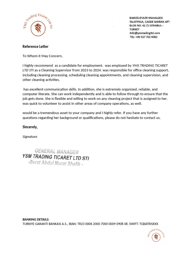 Reference Letter for Cleaning Supervisor | PDF