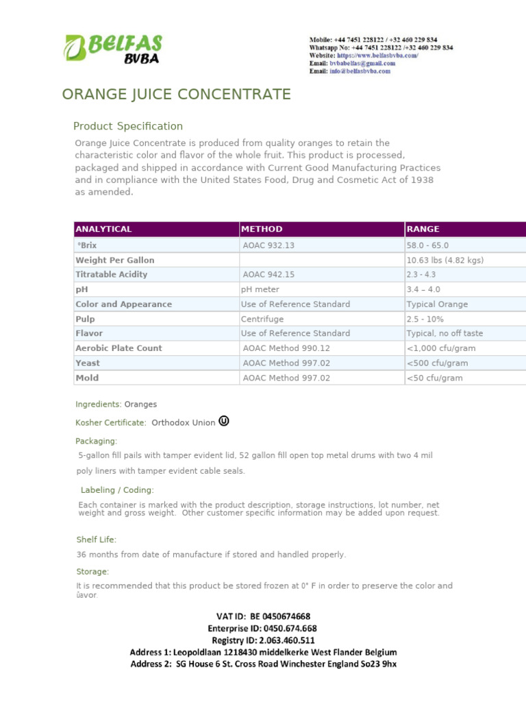 Quality Orange Juice Concentrate Specs | PDF