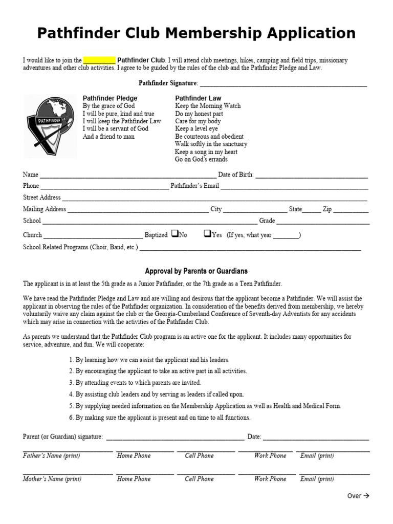 Pathfinder Club Membership Application | PDF