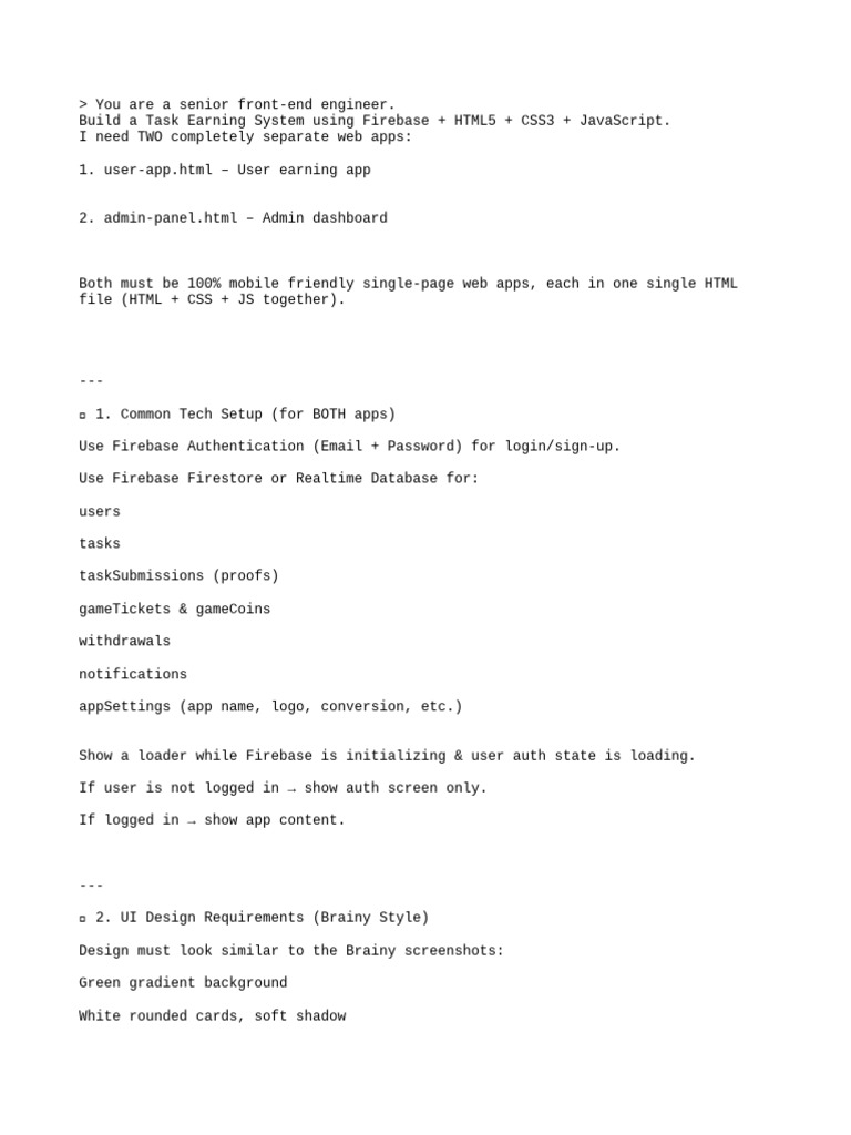 Admin +user Panel Task Erning App Prompt | PDF | Mobile App | Computing