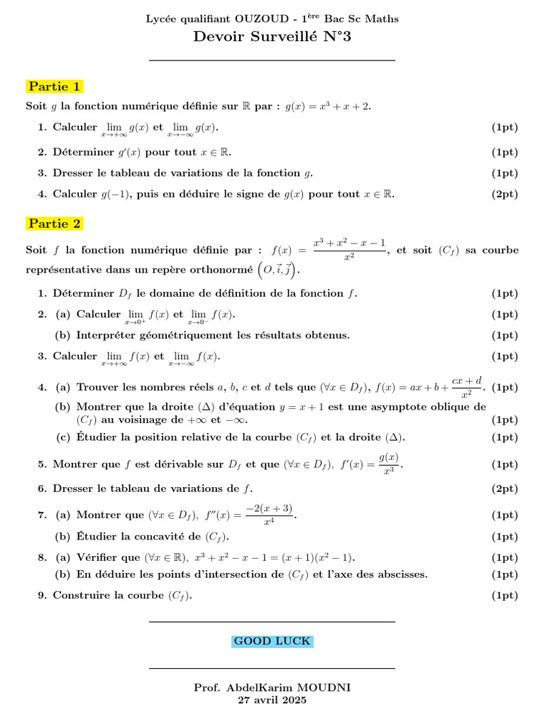 Devoir Surveillé Maths 1ère Bac Sc | PDF | Objets mathématiques ...
