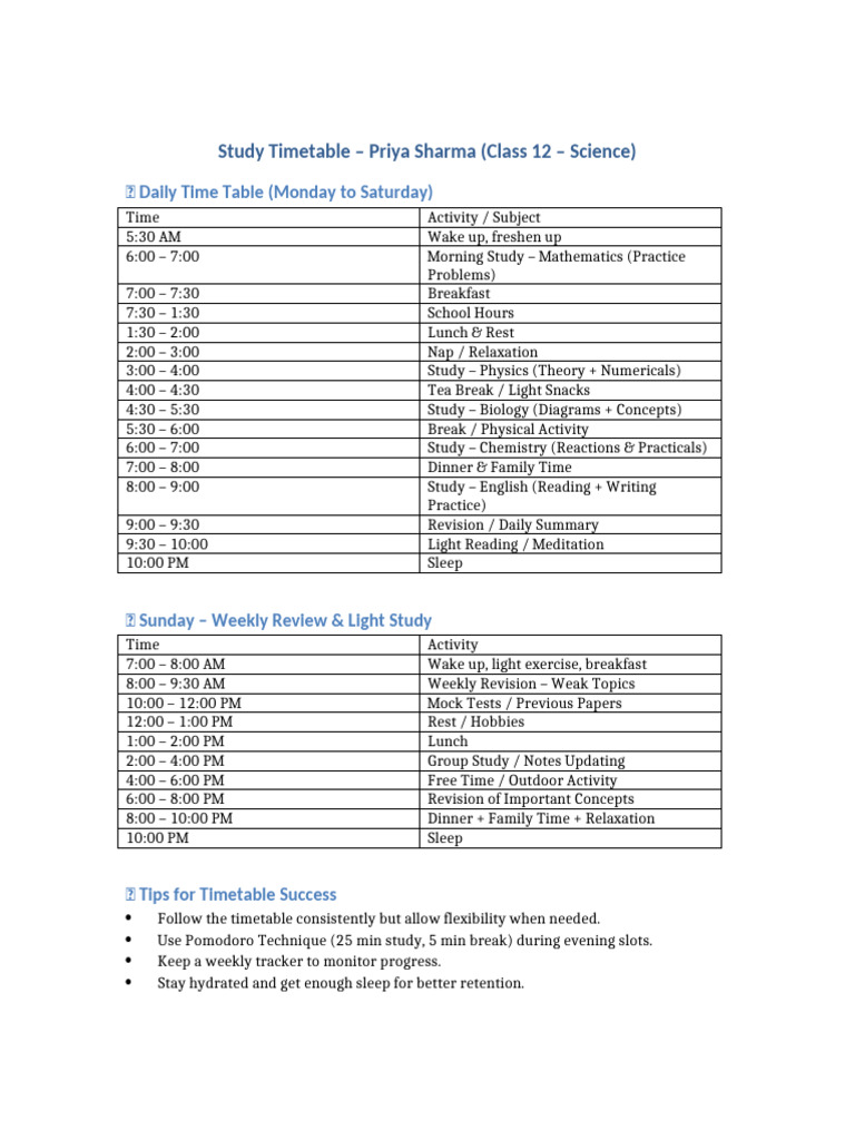 Priya Sharma Class12 Timetable | PDF