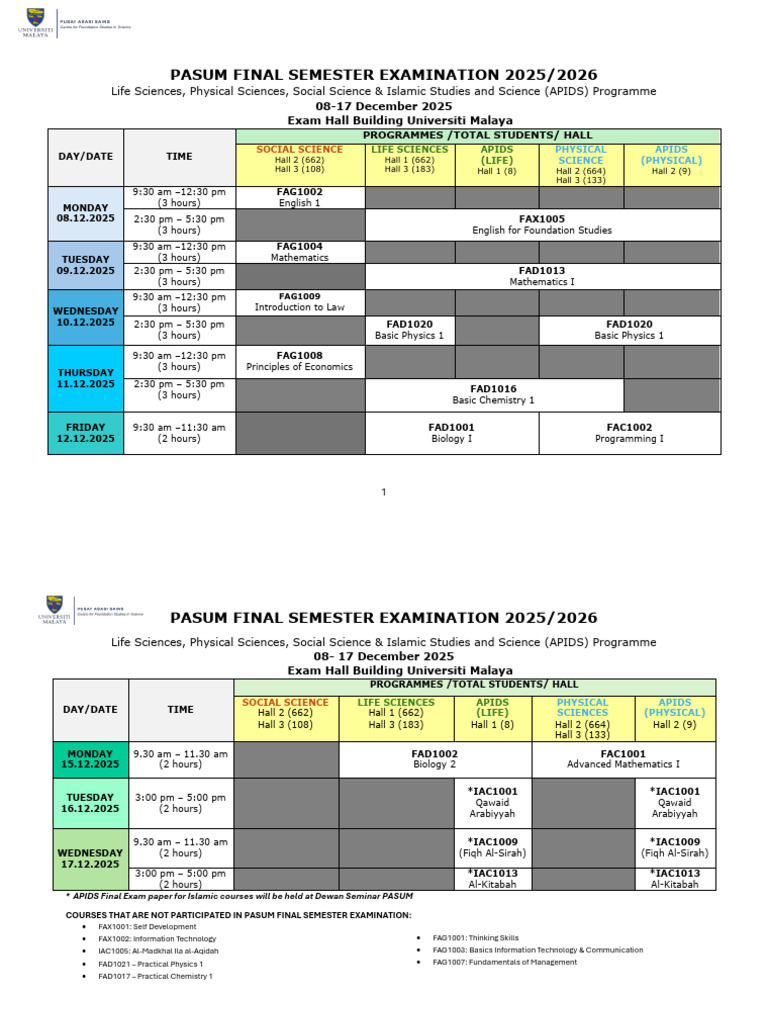 PASUM 2025/2026 Exam Schedule Overview | PDF | Academic Term | Science